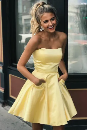 Satin Light Yellow Homecoming Gown with Pockets