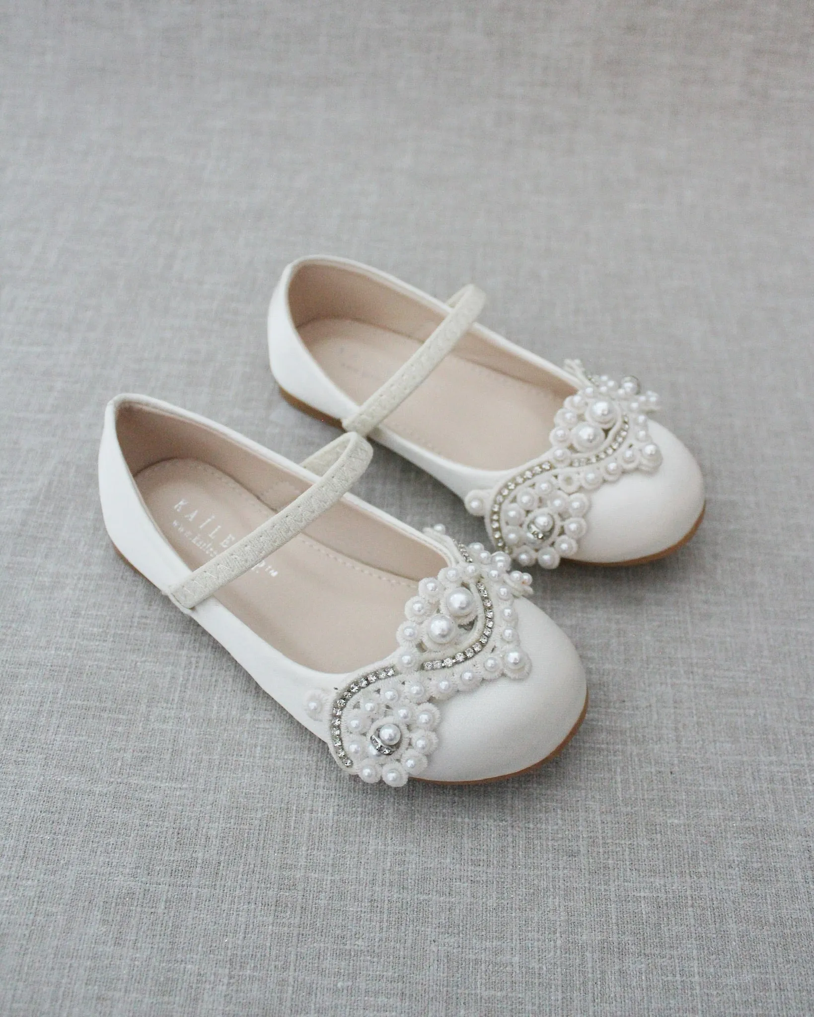 Satin Mary Jane Flats with Small Pearls Applique
