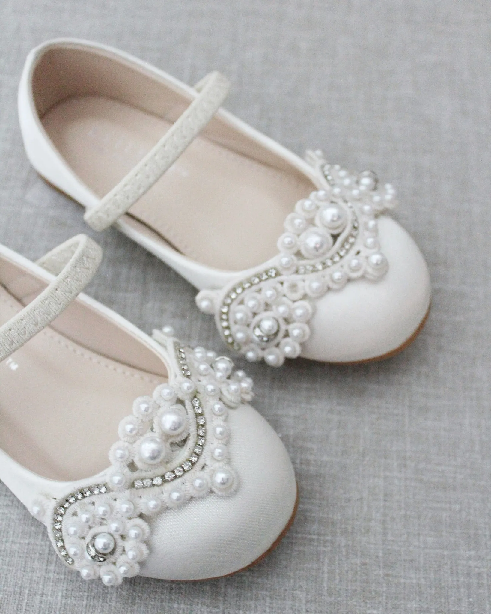 Satin Mary Jane Flats with Small Pearls Applique