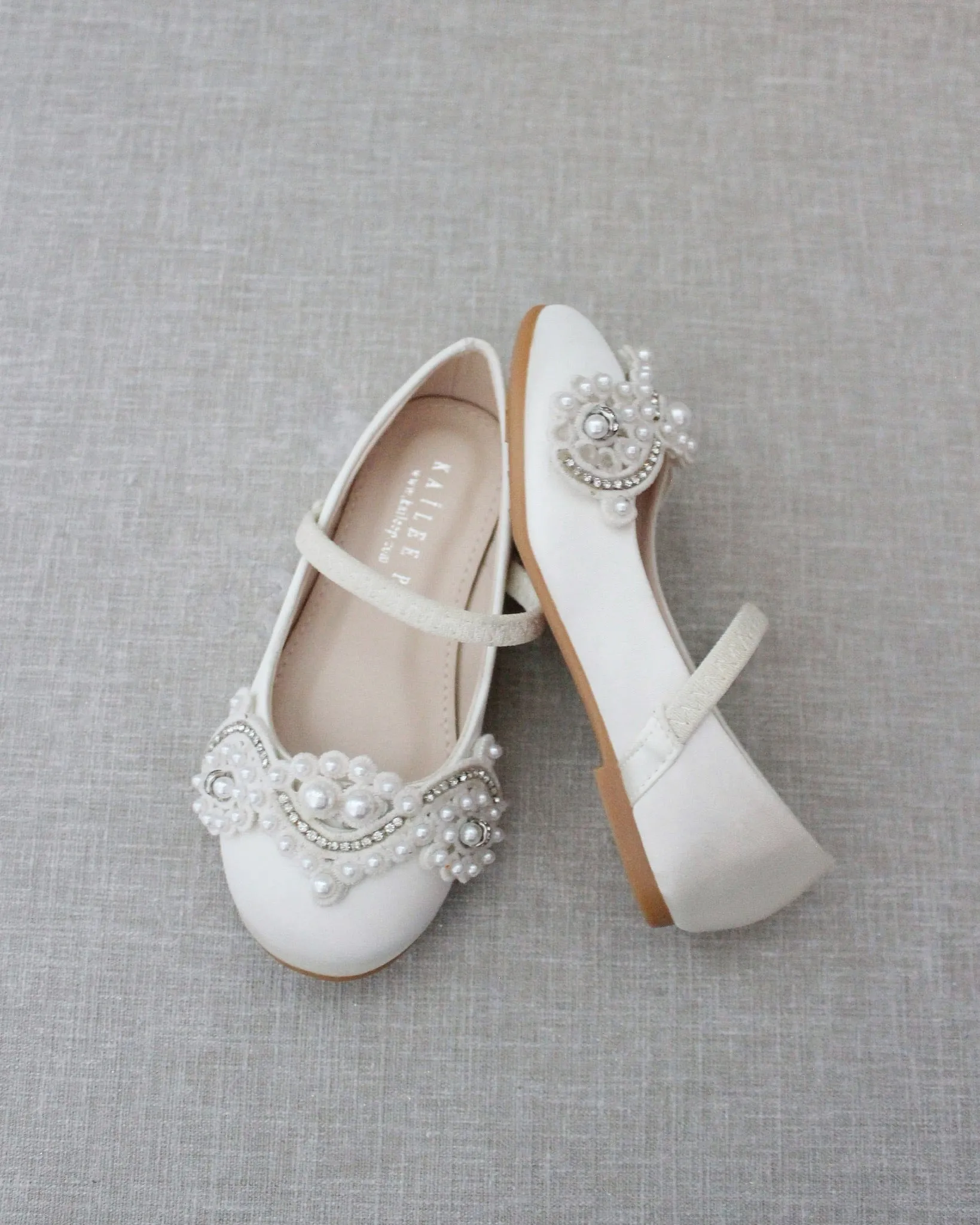 Satin Mary Jane Flats with Small Pearls Applique