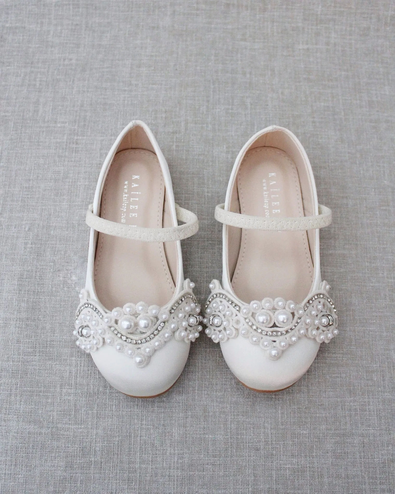 Satin Mary Jane Flats with Small Pearls Applique
