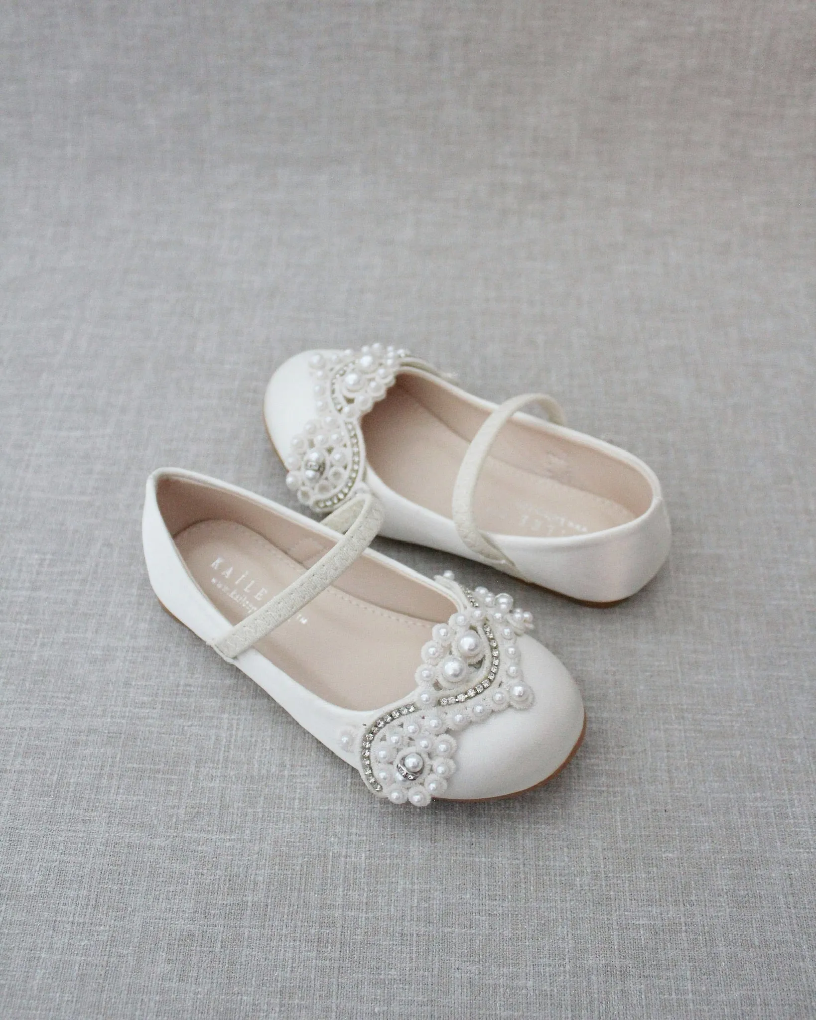 Satin Mary Jane Flats with Small Pearls Applique