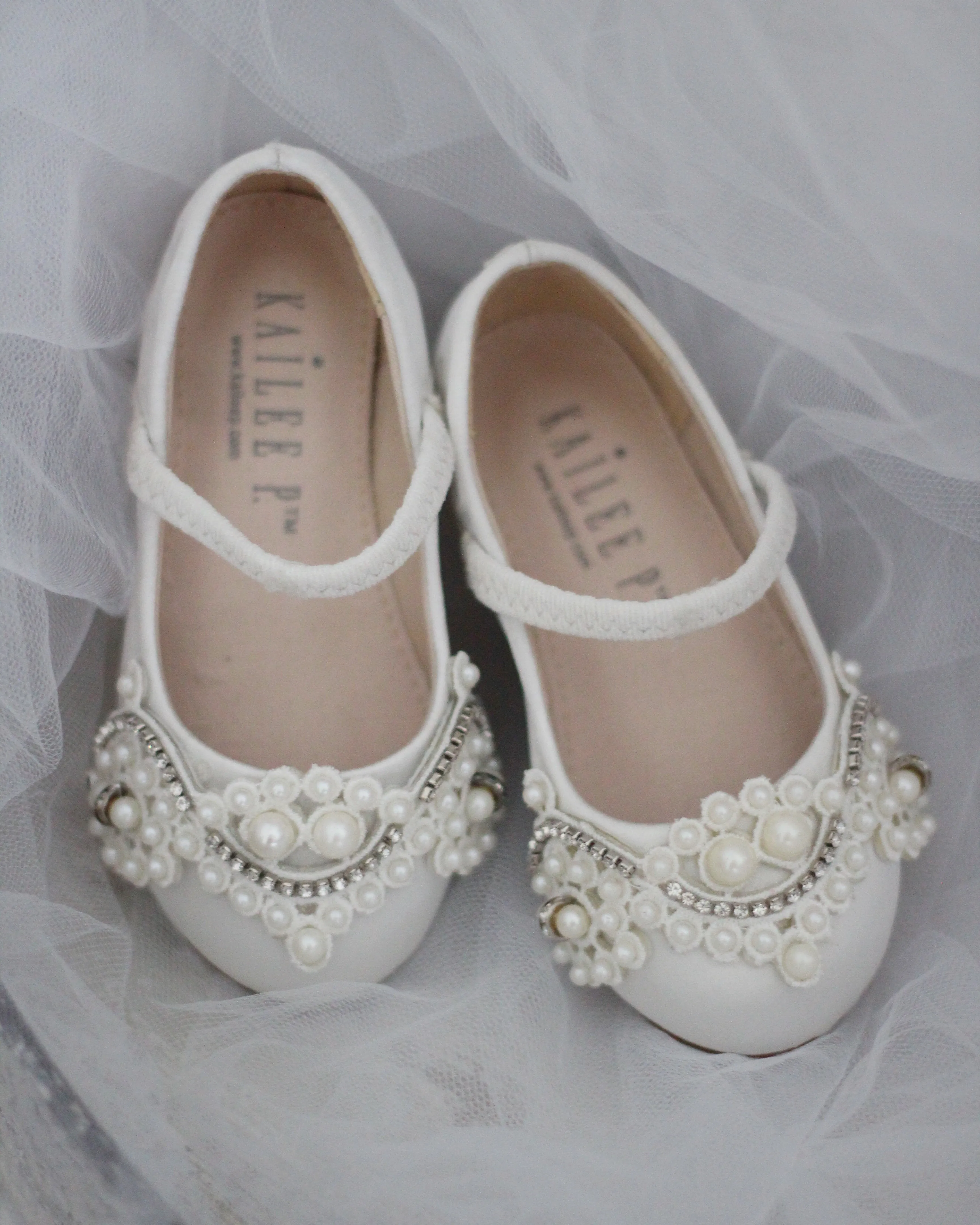 Satin Mary Jane Flats with Small Pearls Applique