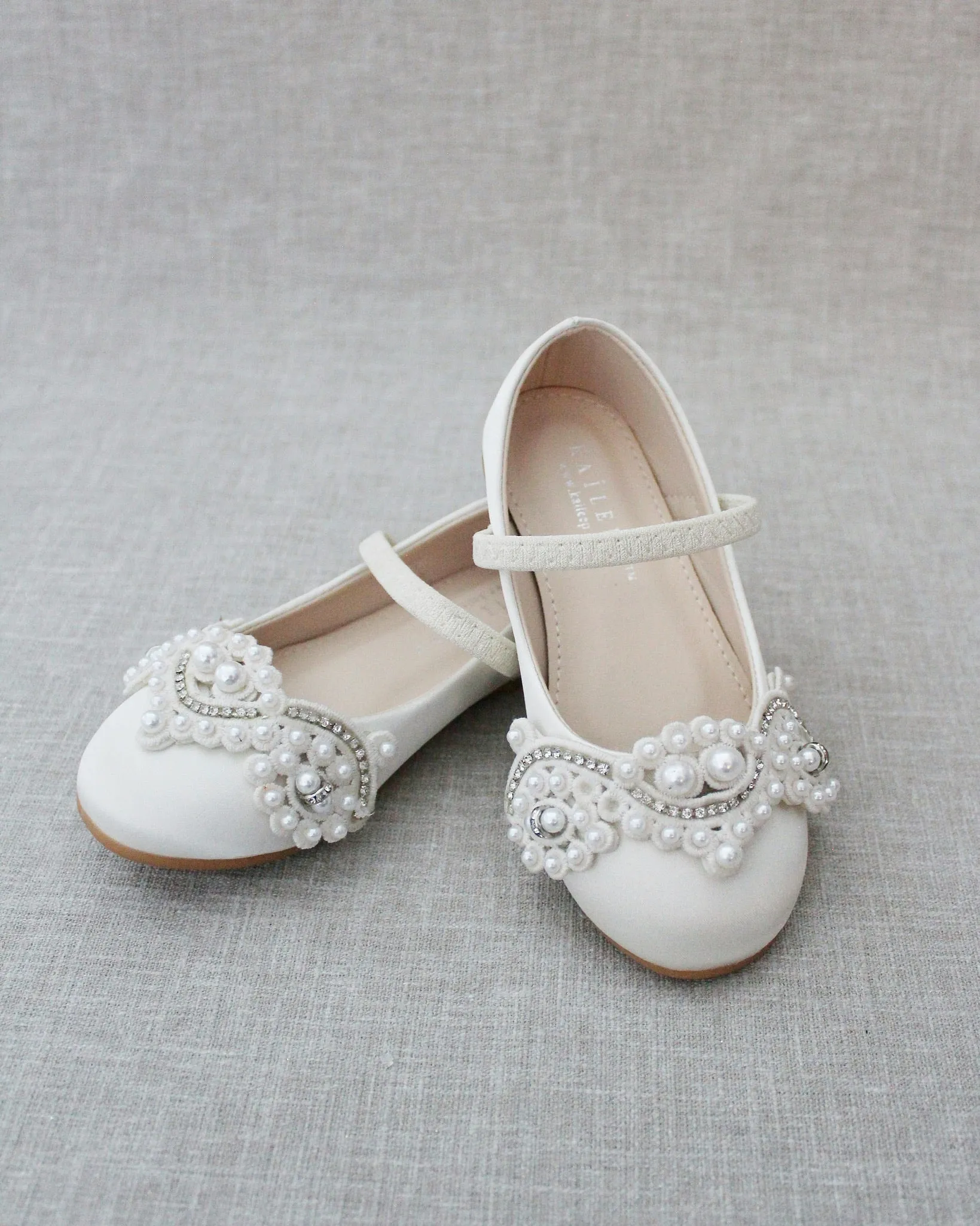 Satin Mary Jane Flats with Small Pearls Applique