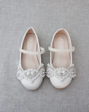 Satin Mary Jane Flats with Small Pearls Applique