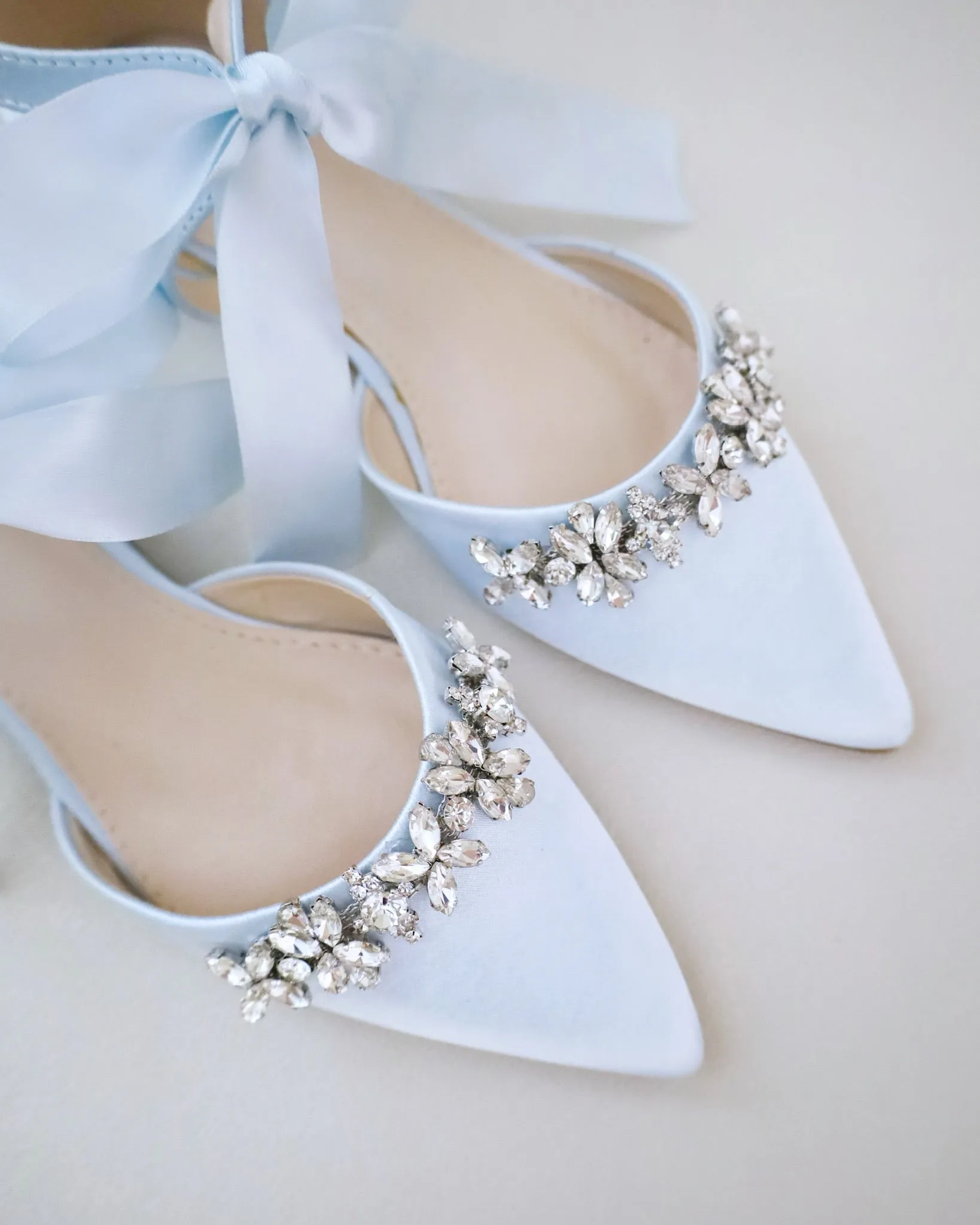 Satin Pointy Toe Flats with Floral Rhinestones Embellishment