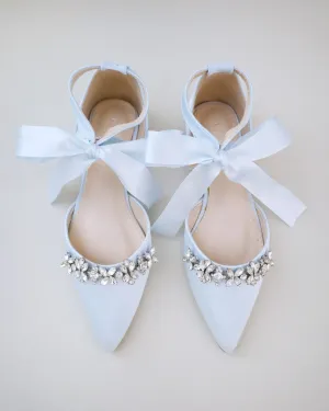 Satin Pointy Toe Flats with Floral Rhinestones Embellishment