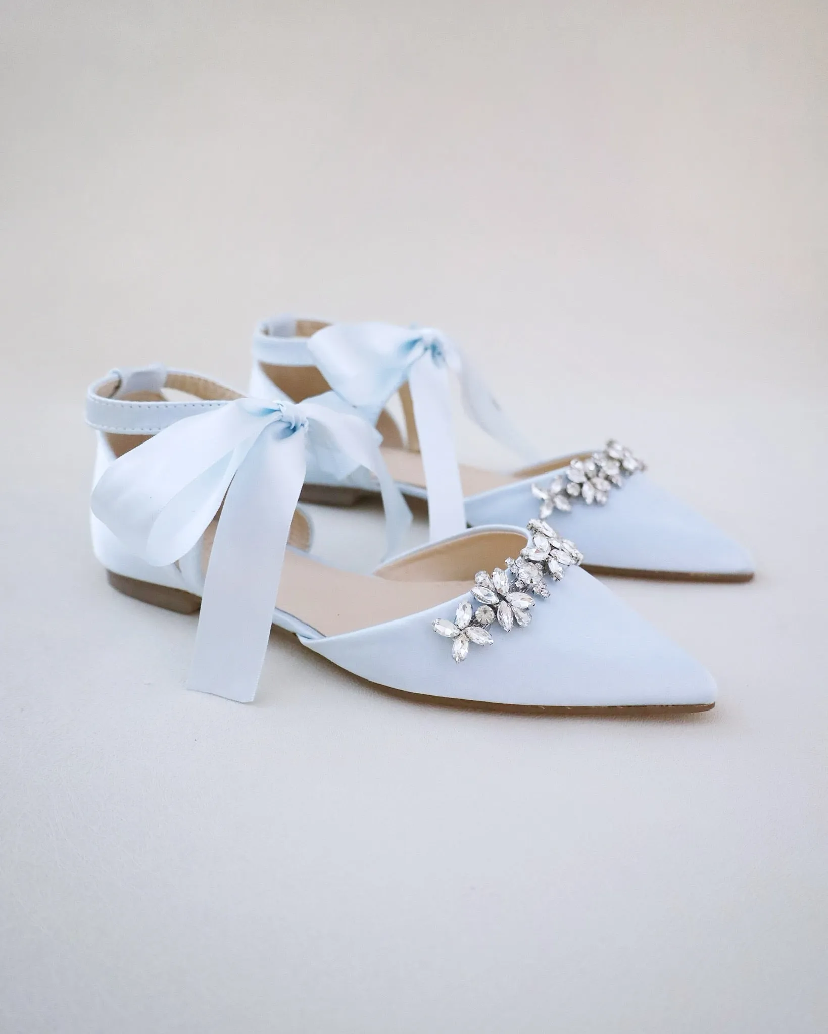 Satin Pointy Toe Flats with Floral Rhinestones Embellishment