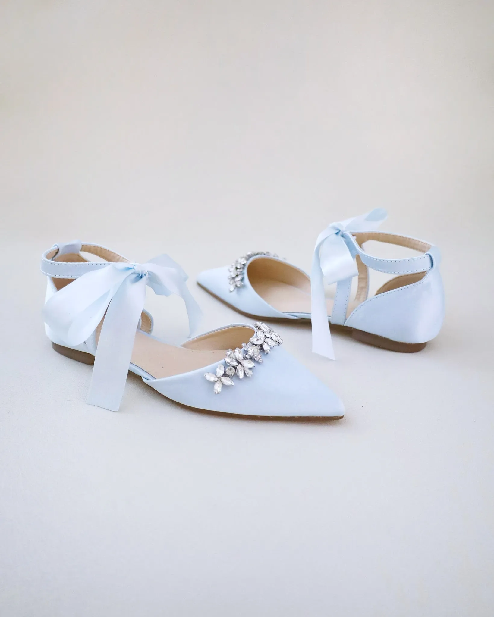 Satin Pointy Toe Flats with Floral Rhinestones Embellishment