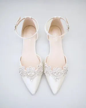 Satin Pointy Toe Flats with Rhinestones Applique Embellishments