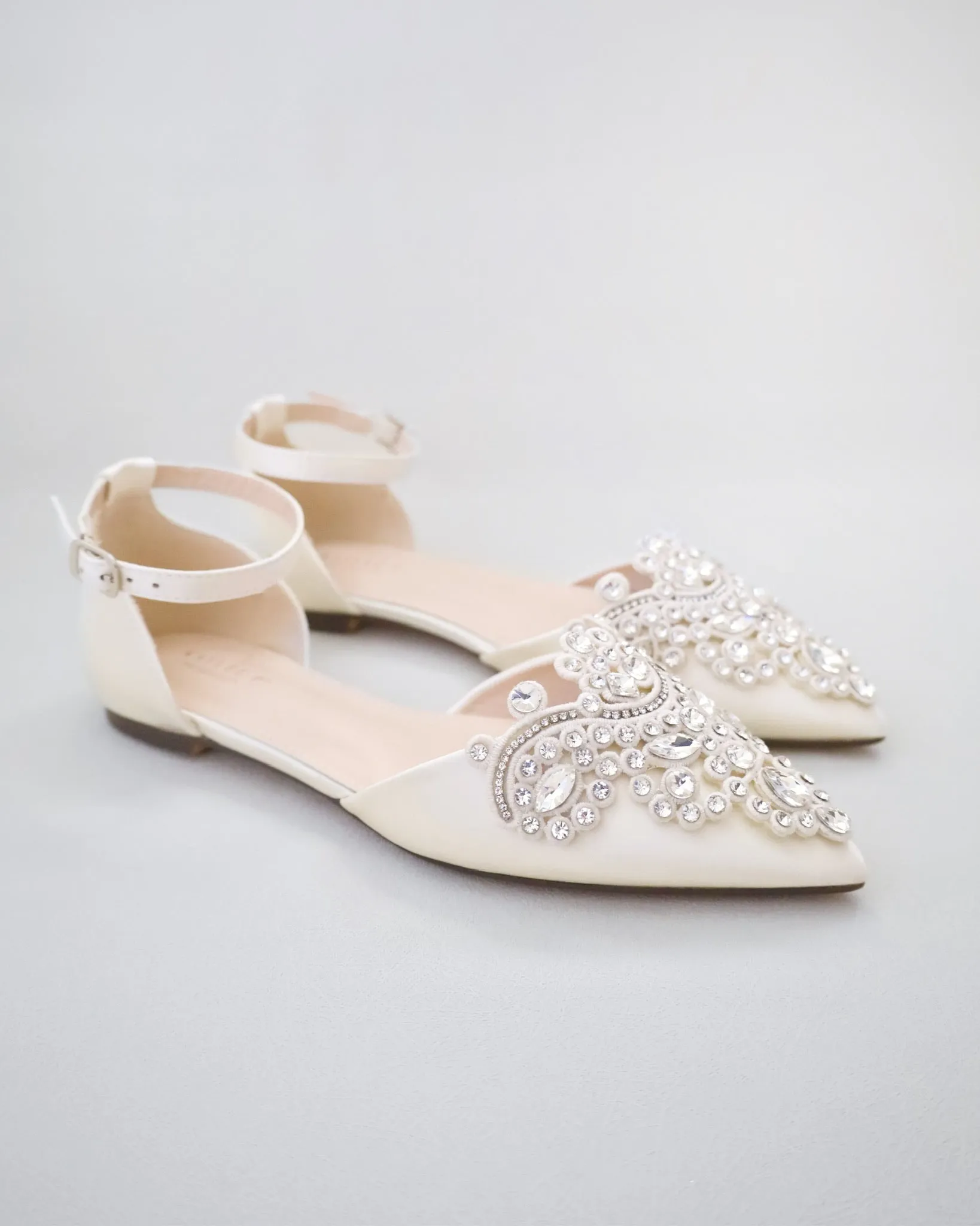 Satin Pointy Toe Flats with Rhinestones Applique Embellishments