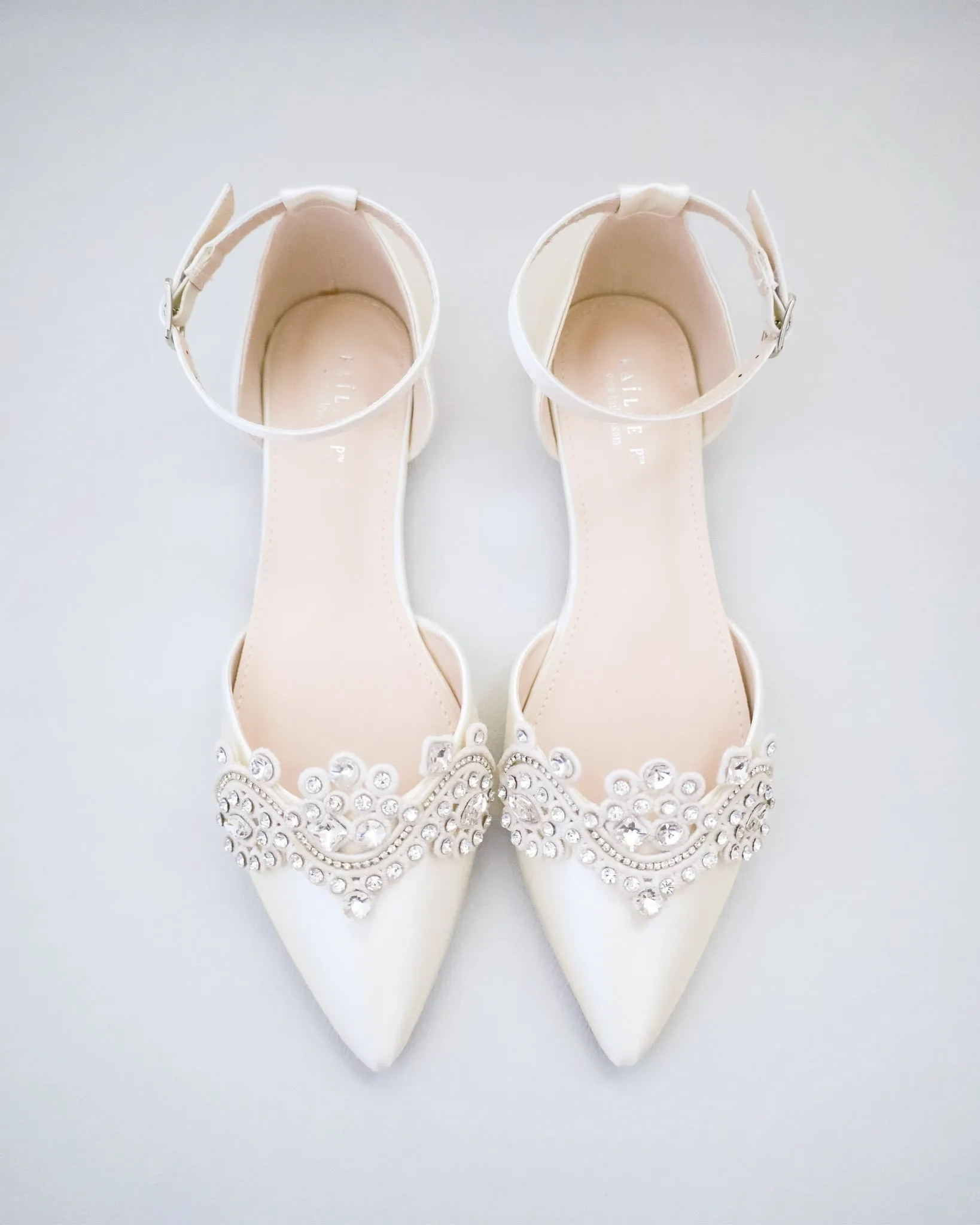 Satin Pointy Toe Flats with Rhinestones Applique Embellishments