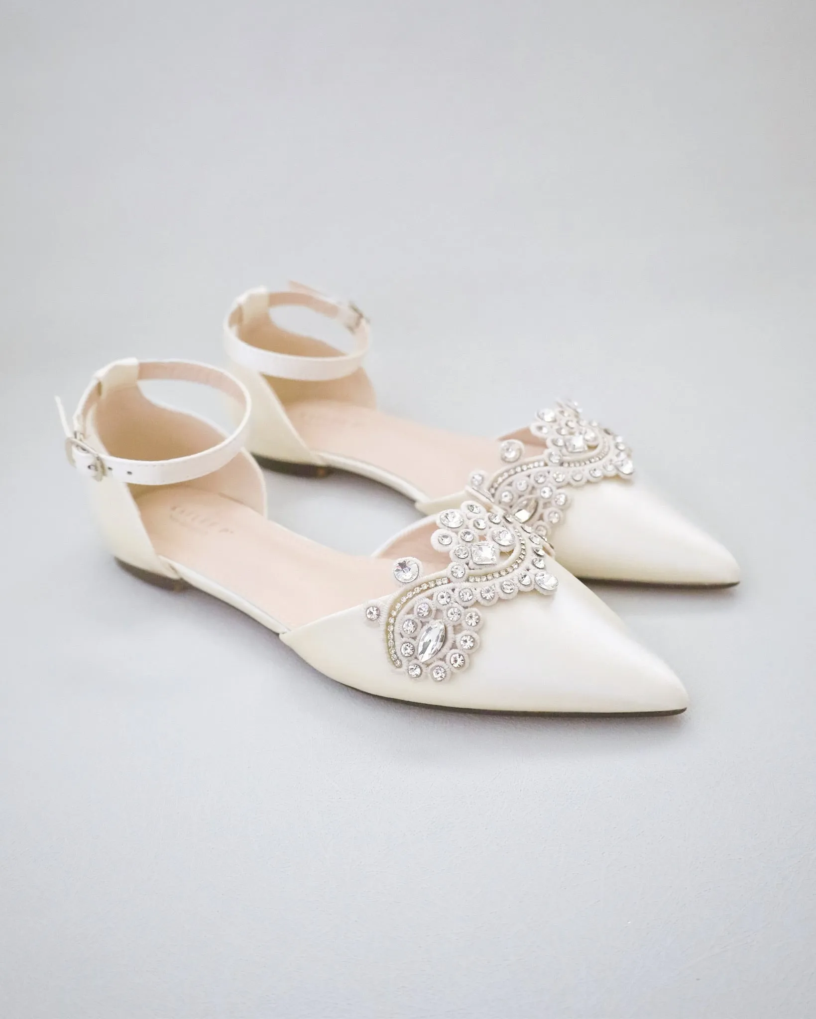 Satin Pointy Toe Flats with Rhinestones Applique Embellishments
