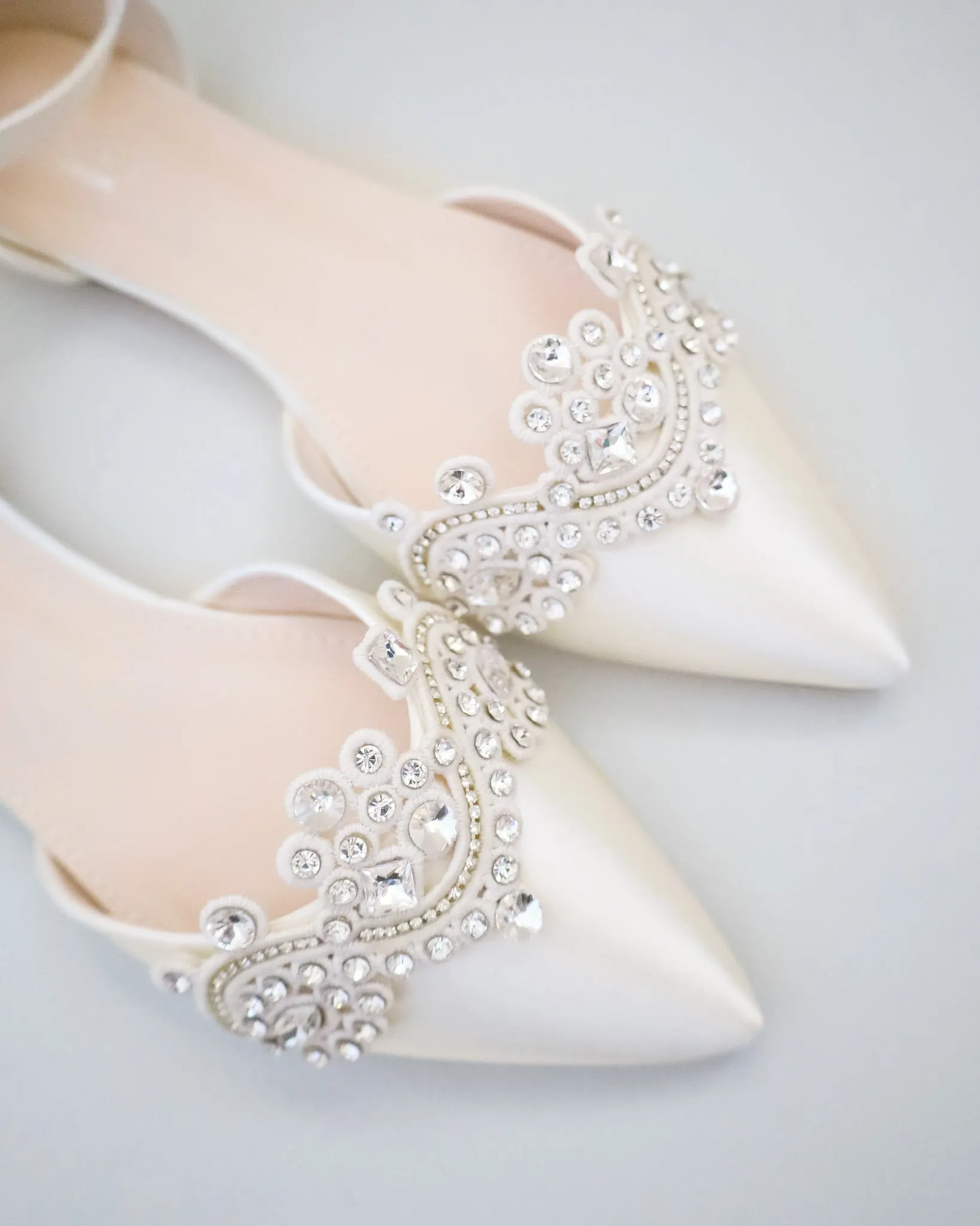 Satin Pointy Toe Flats with Rhinestones Applique Embellishments