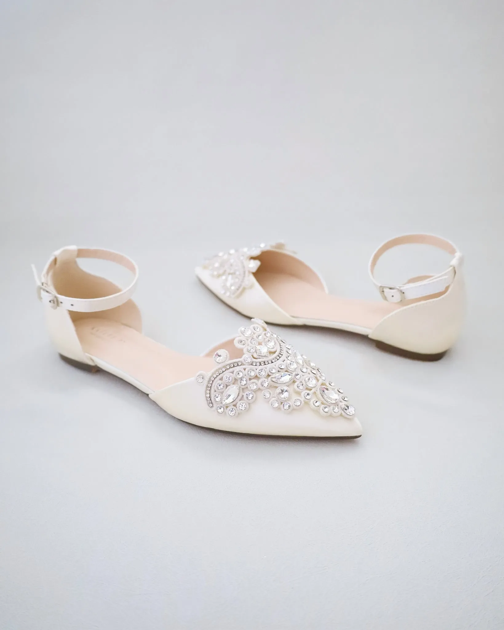 Satin Pointy Toe Flats with Rhinestones Applique Embellishments