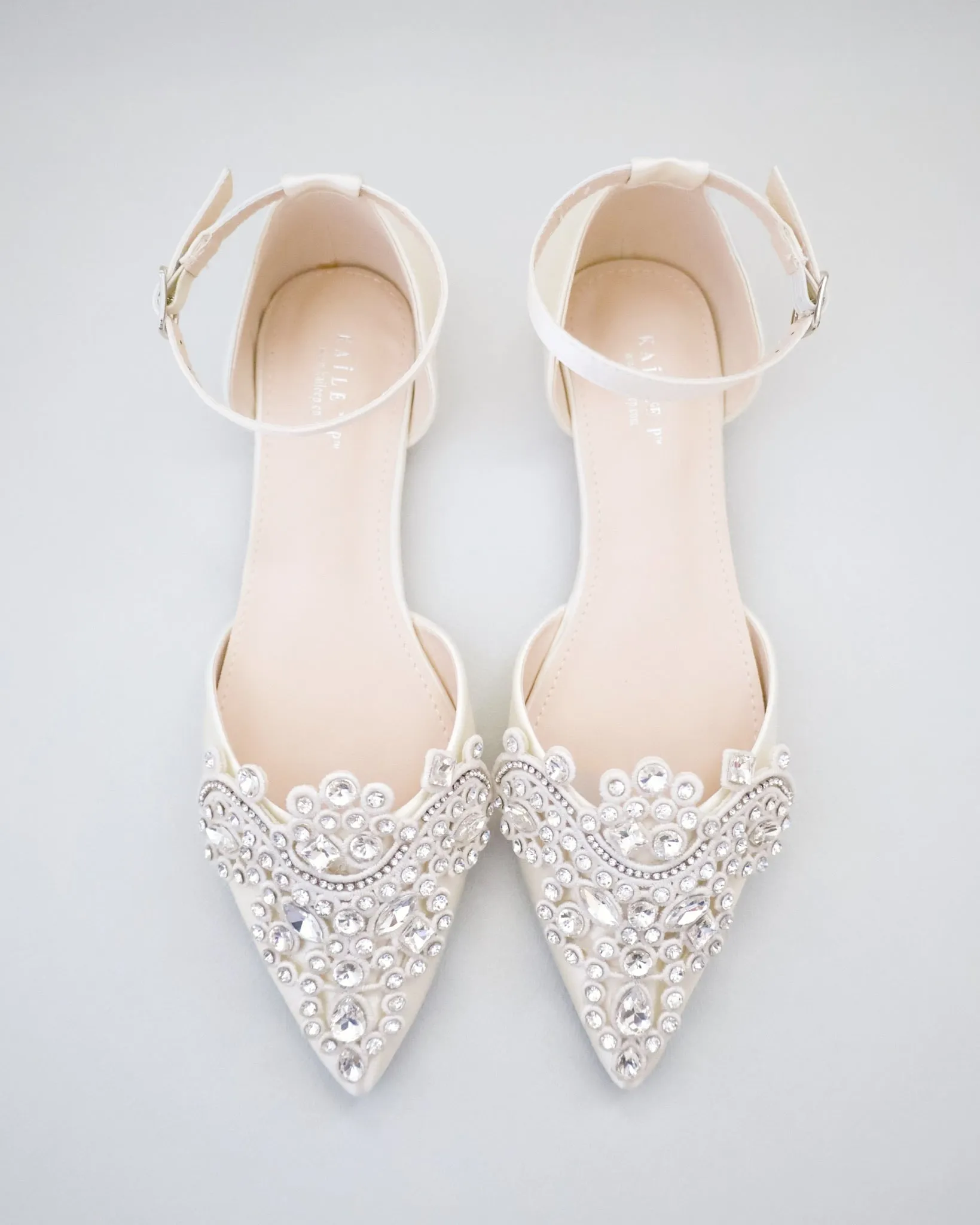 Satin Pointy Toe Flats with Rhinestones Applique Embellishments