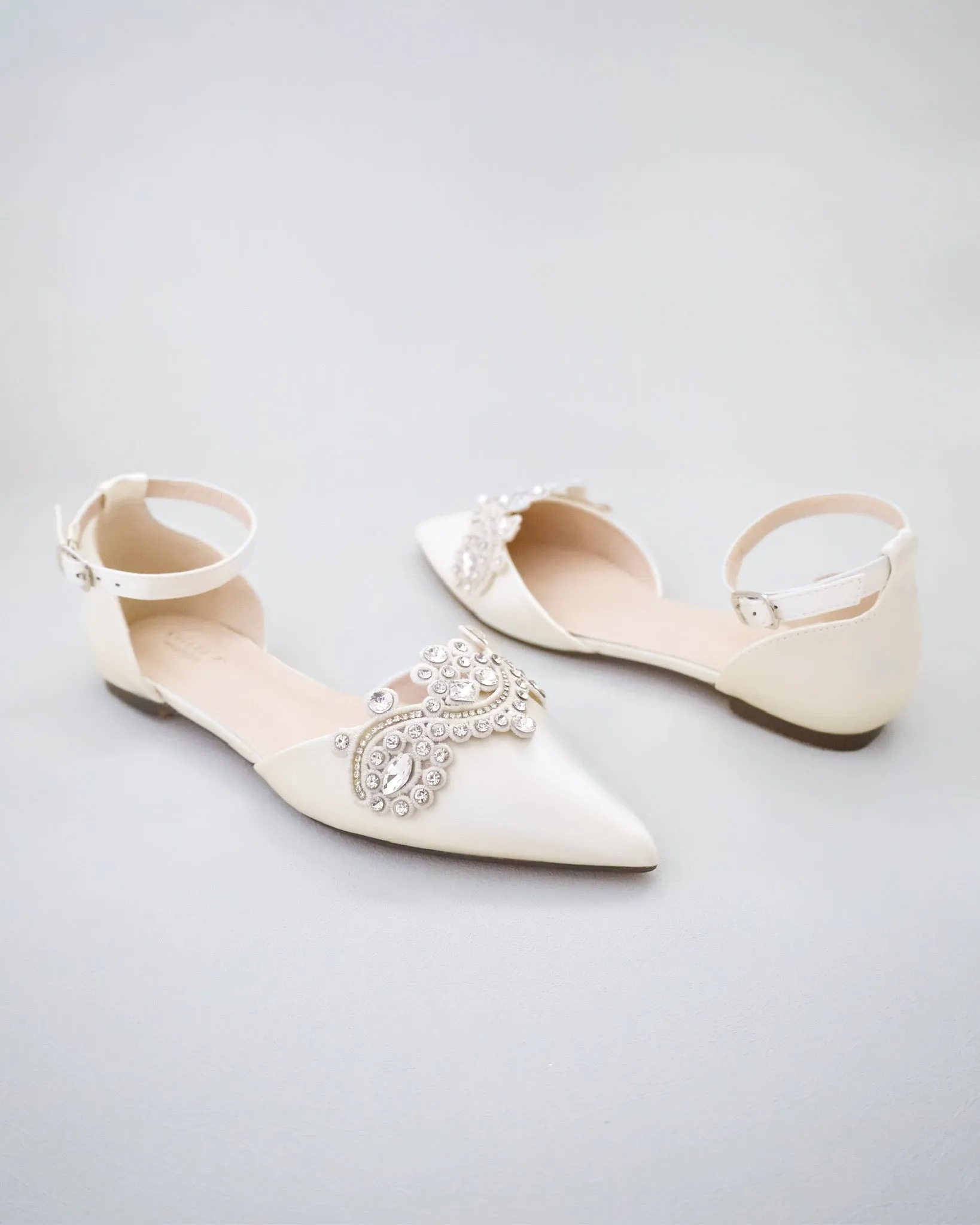 Satin Pointy Toe Flats with Rhinestones Applique Embellishments