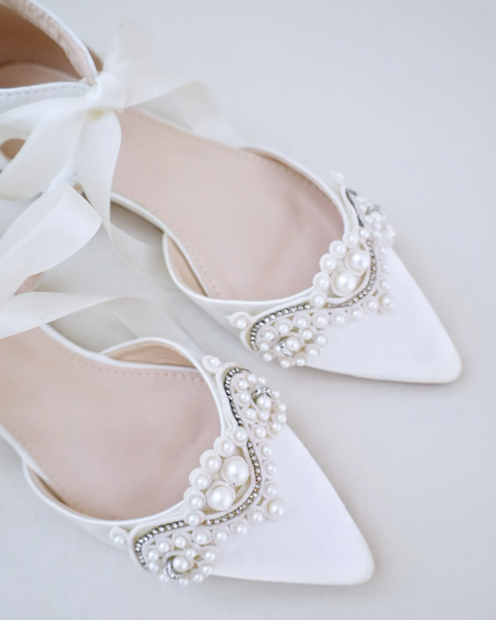 Satin Pointy Toe Flats with Small Pearls Applique Embellishment