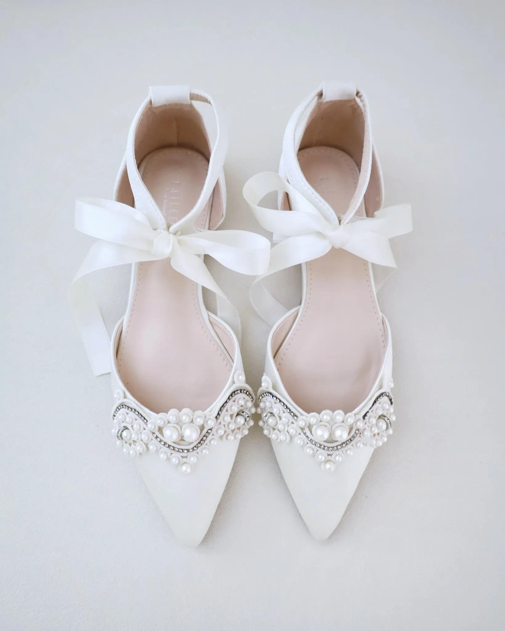 Satin Pointy Toe Flats with Small Pearls Applique Embellishment