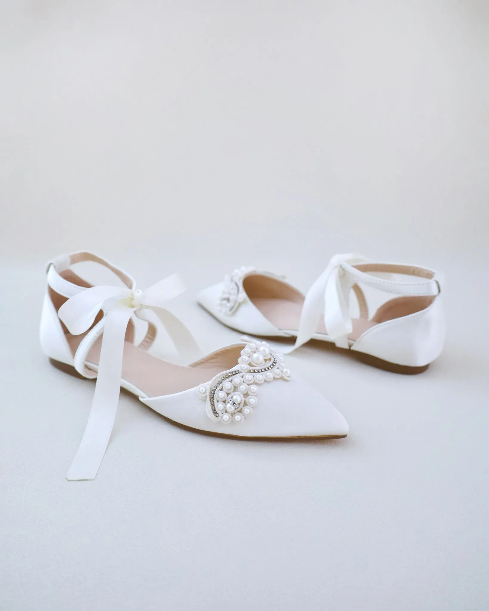 Satin Pointy Toe Flats with Small Pearls Applique Embellishment