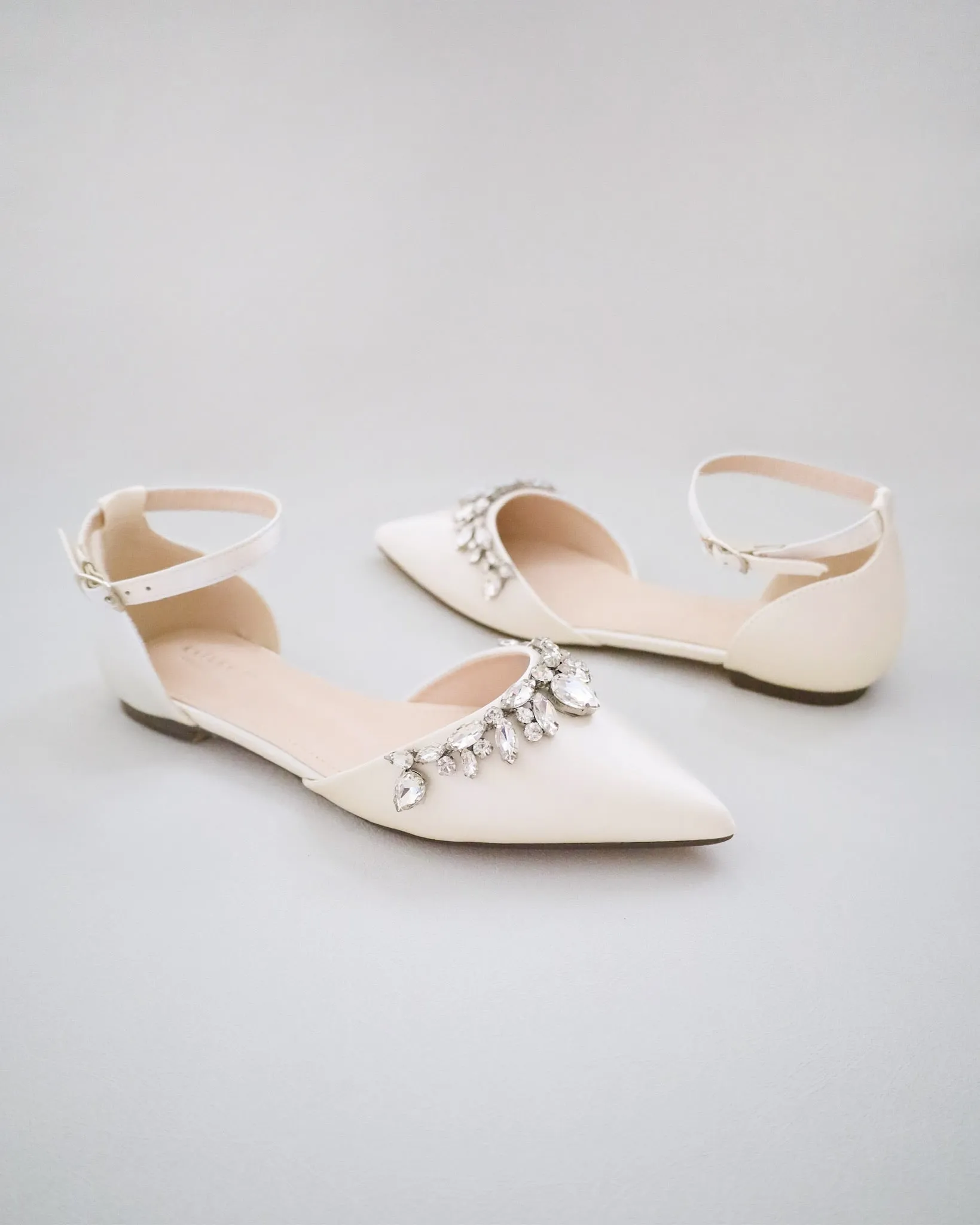 Satin Pointy Toe Flats with Teardrop Rhinestones Embellishments