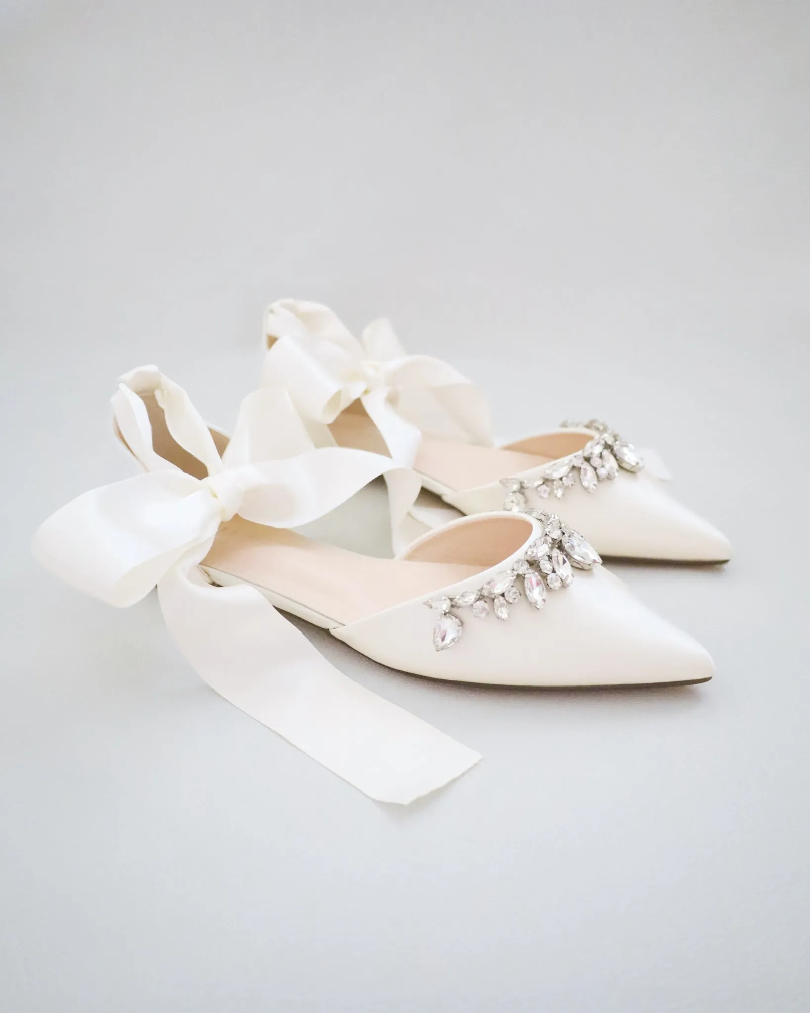 Satin Pointy Toe Flats with Teardrop Rhinestones Embellishments