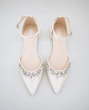 Satin Pointy Toe Flats with Teardrop Rhinestones Embellishments