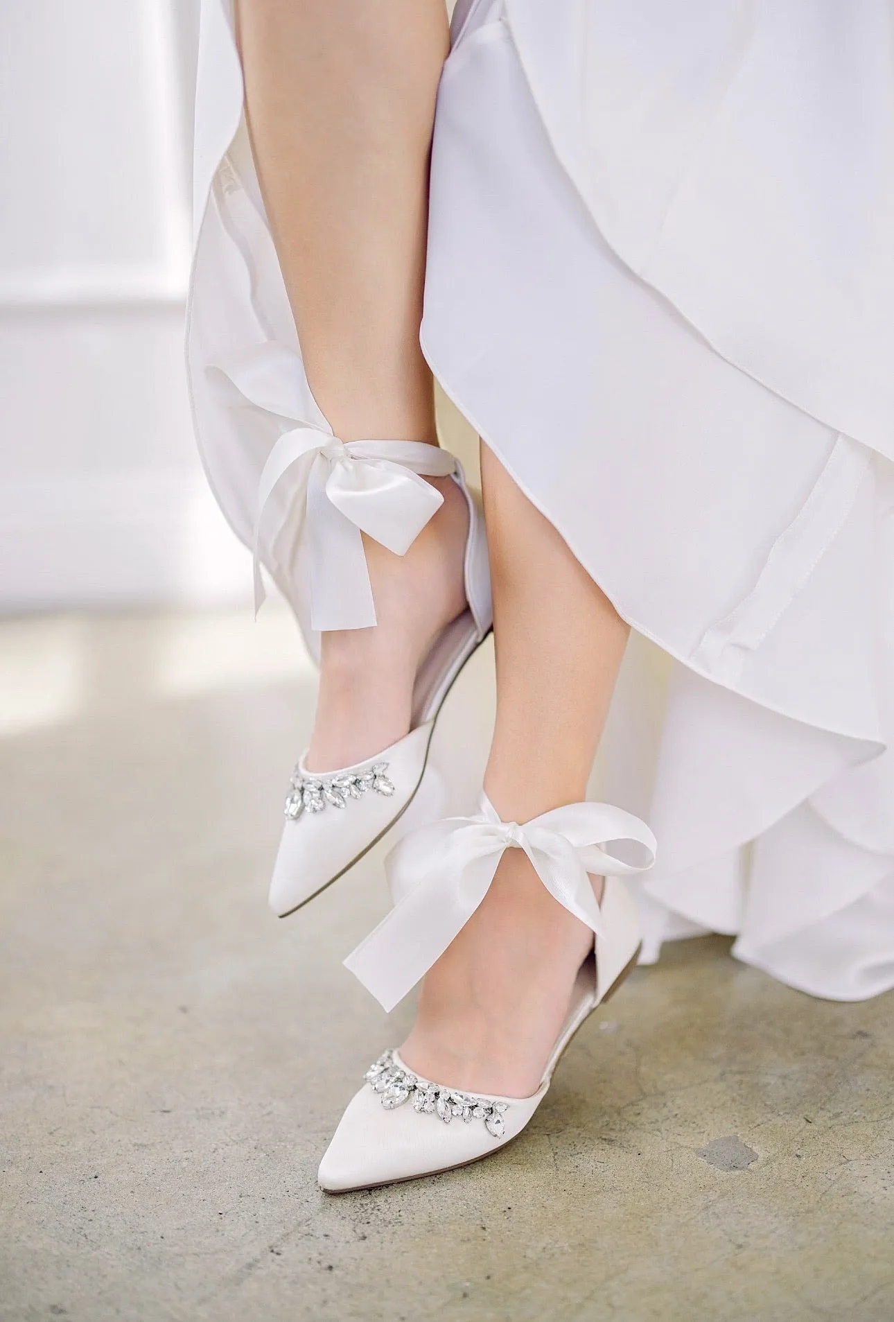 Satin Pointy Toe Flats with Teardrop Rhinestones Embellishments
