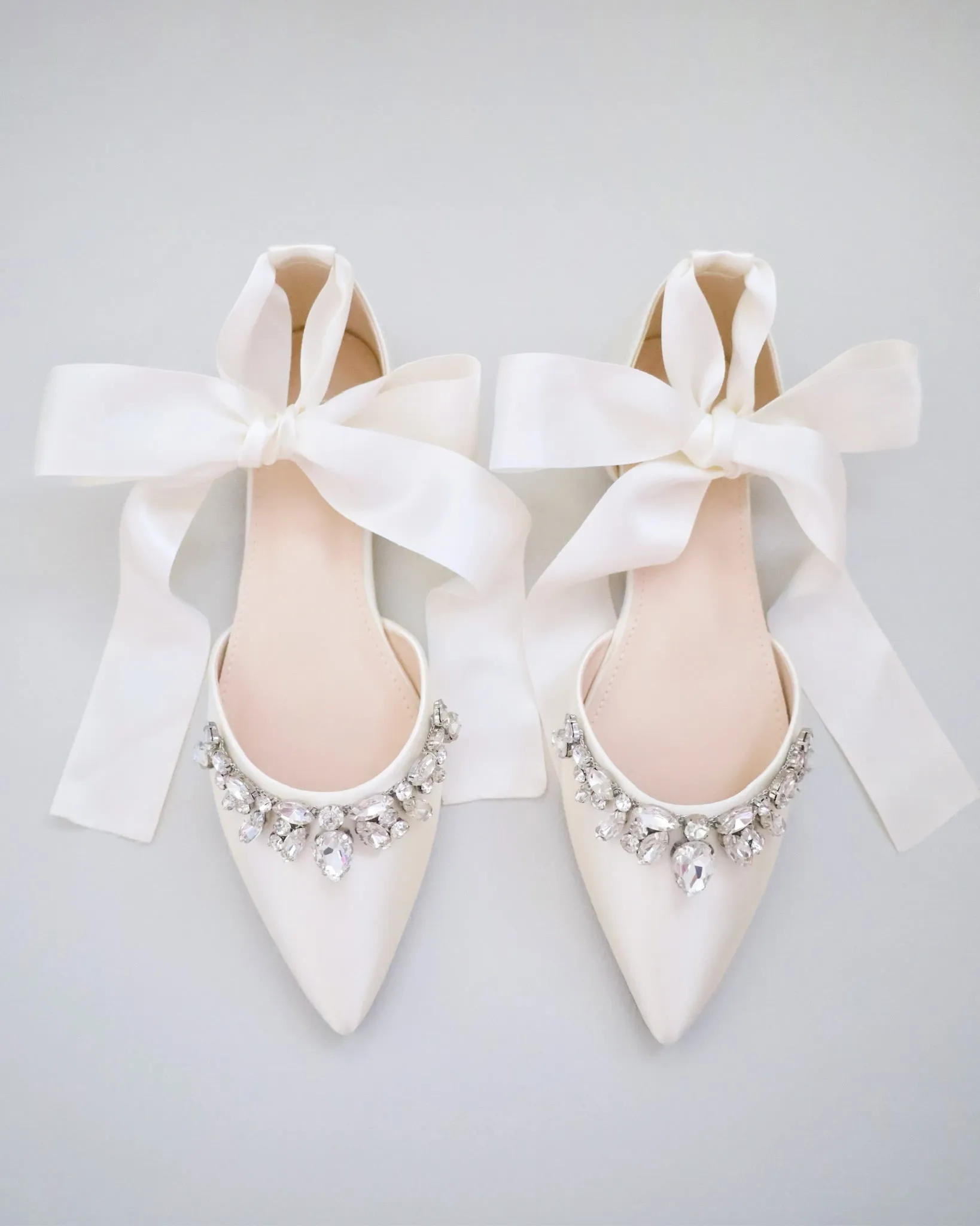 Satin Pointy Toe Flats with Teardrop Rhinestones Embellishments