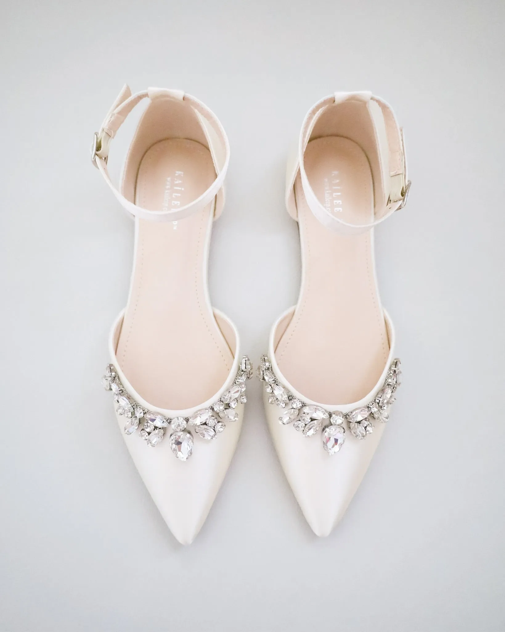 Satin Pointy Toe Flats with Teardrop Rhinestones Embellishments