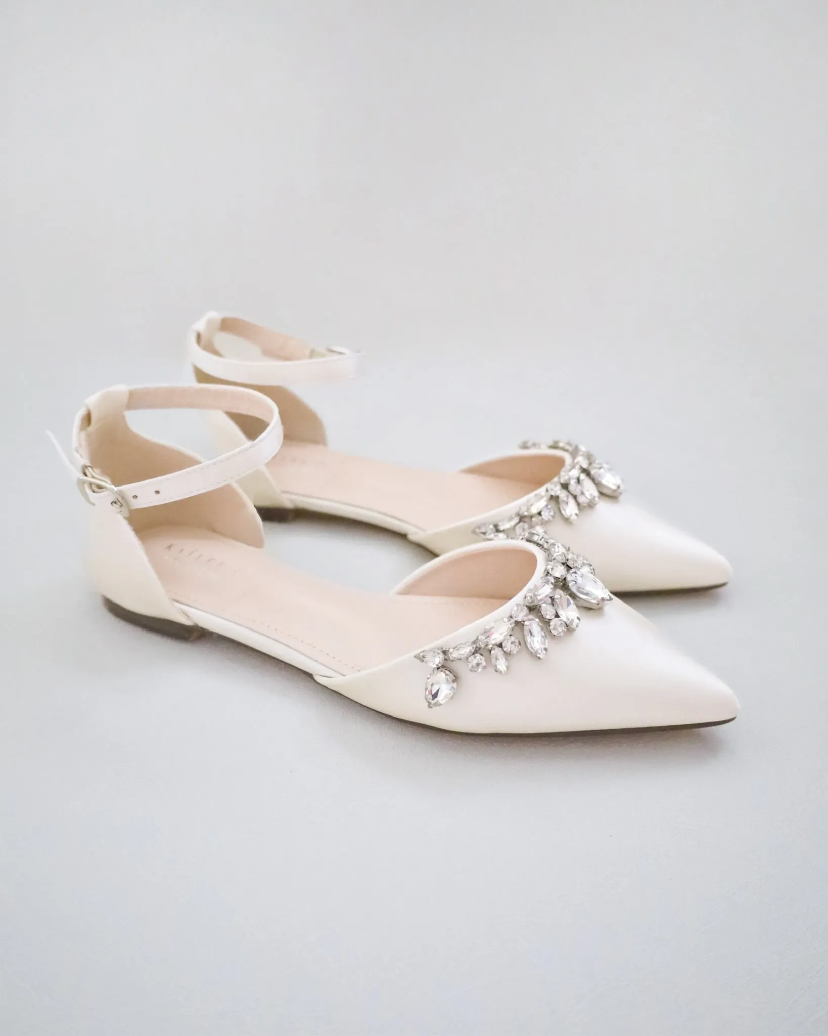 Satin Pointy Toe Flats with Teardrop Rhinestones Embellishments