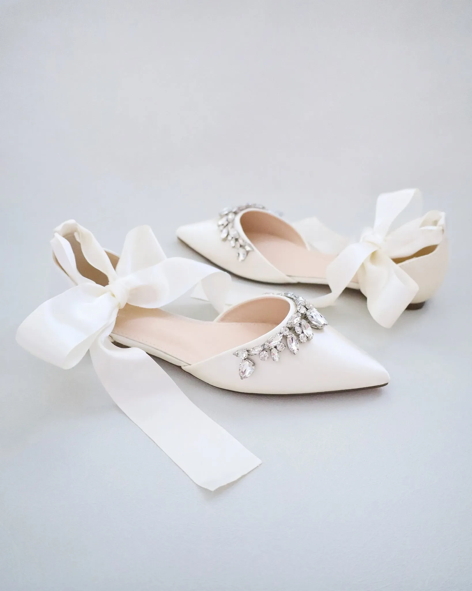 Satin Pointy Toe Flats with Teardrop Rhinestones Embellishments