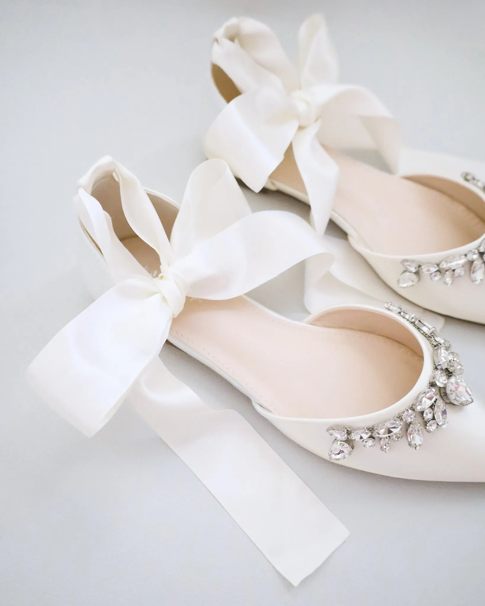 Satin Pointy Toe Flats with Teardrop Rhinestones Embellishments