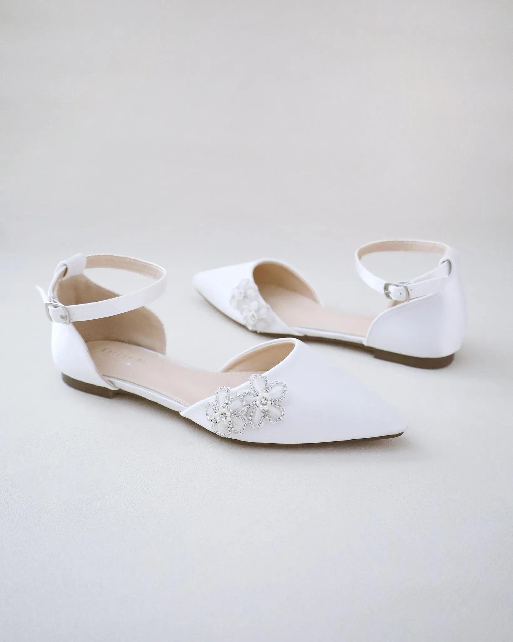 Satin Pointy Toe Wedding Flats with Rhinestones Chassia Flower
