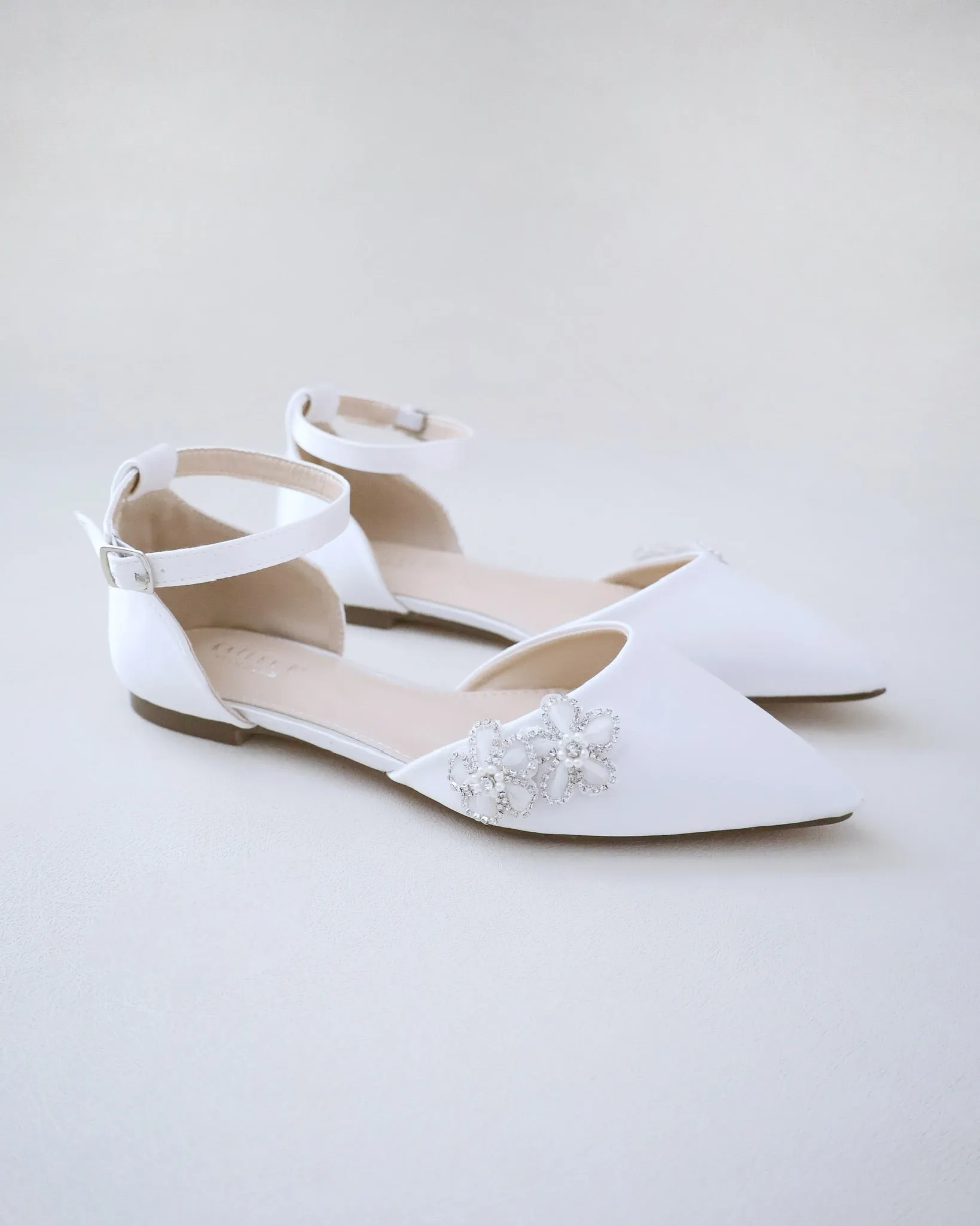 Satin Pointy Toe Wedding Flats with Rhinestones Chassia Flower