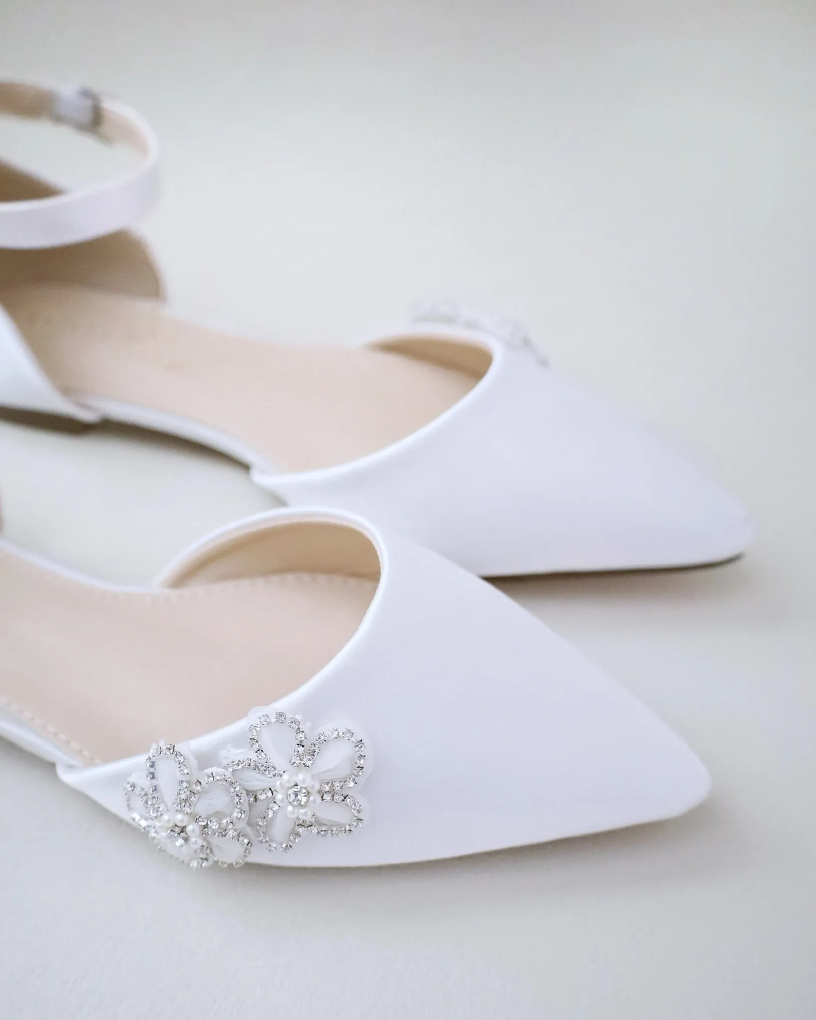 Satin Pointy Toe Wedding Flats with Rhinestones Chassia Flower