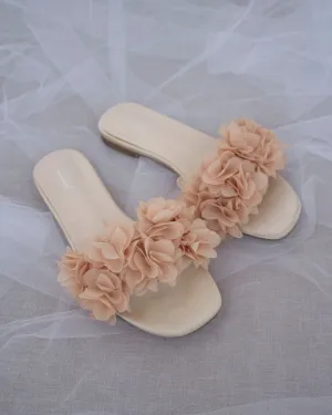 Satin Slide Sandals with Allover Chiffon Flowers