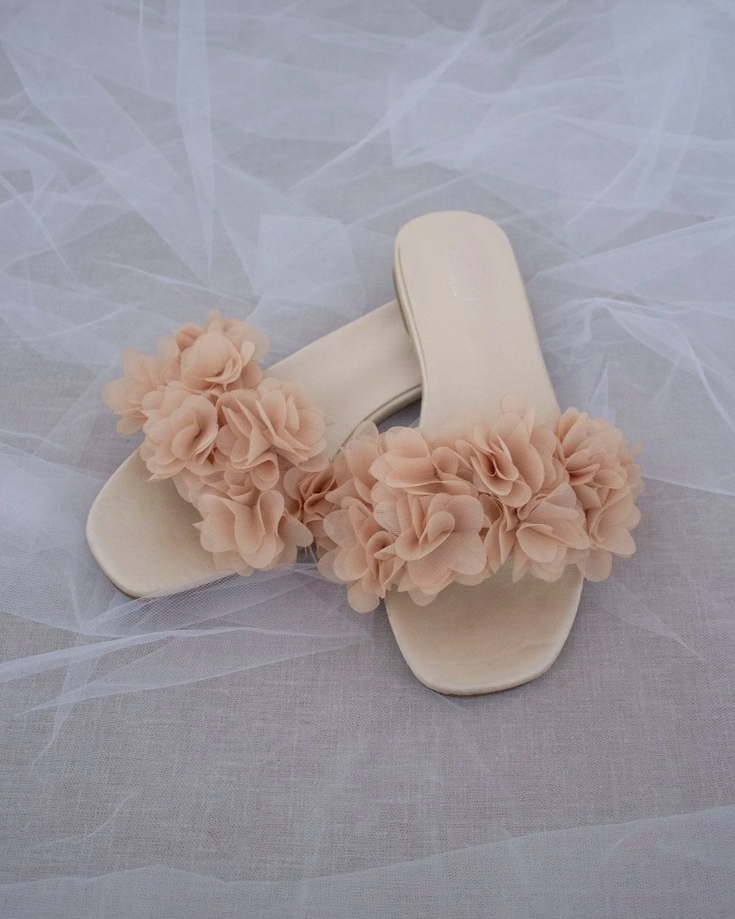 Satin Slide Sandals with Allover Chiffon Flowers