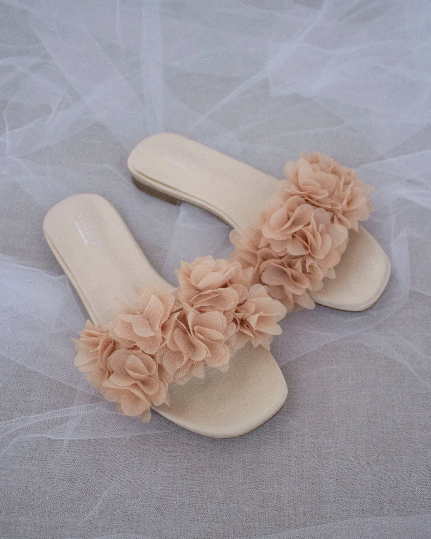 Satin Slide Sandals with Allover Chiffon Flowers