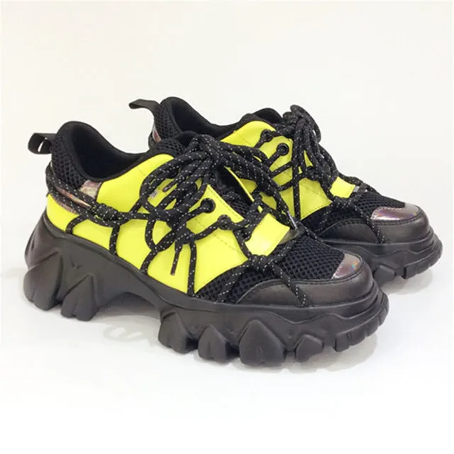 Shoes Woman Cross-tied Color Blocking Women Shoes Mesh Zapatos De Mujer Chunky Sole Shoes Height Increasing Trainers Shoes New