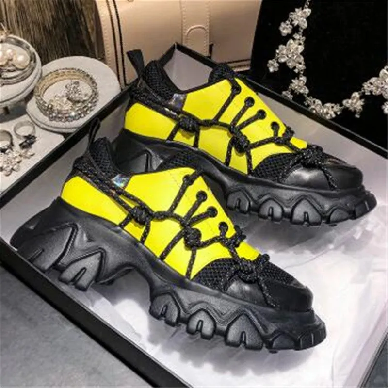 Shoes Woman Cross-tied Color Blocking Women Shoes Mesh Zapatos De Mujer Chunky Sole Shoes Height Increasing Trainers Shoes New