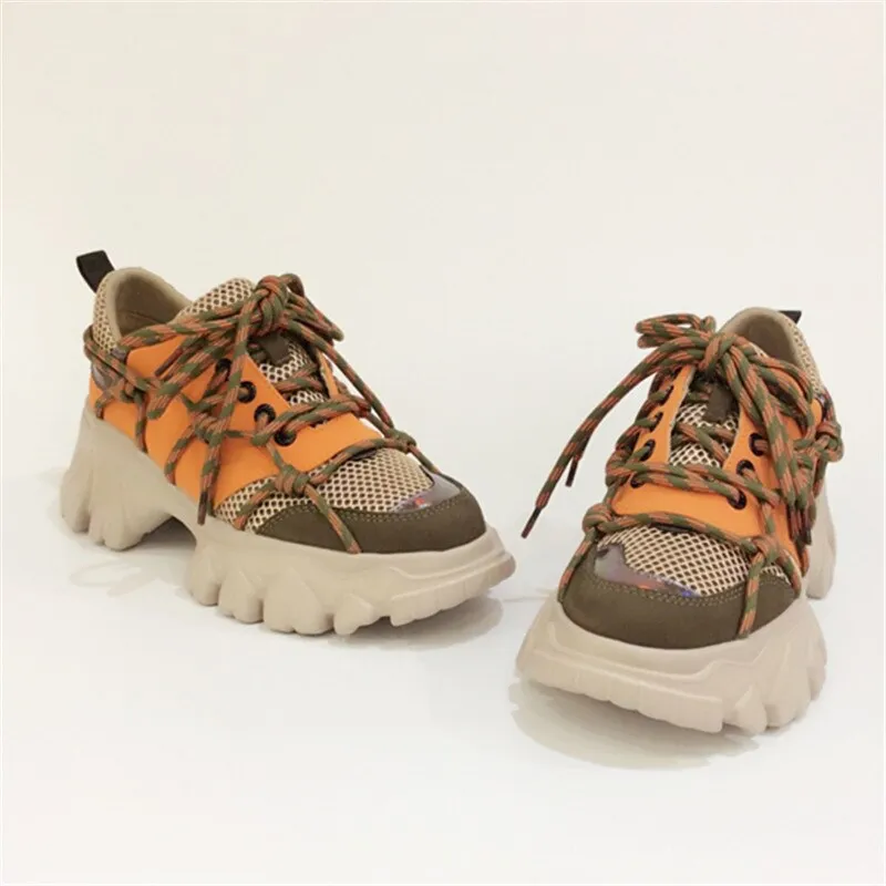 Shoes Woman Cross-tied Color Blocking Women Shoes Mesh Zapatos De Mujer Chunky Sole Shoes Height Increasing Trainers Shoes New