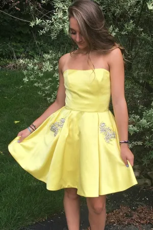 Short Yellow Cocktail Party Gown with Rhinestones Pockets