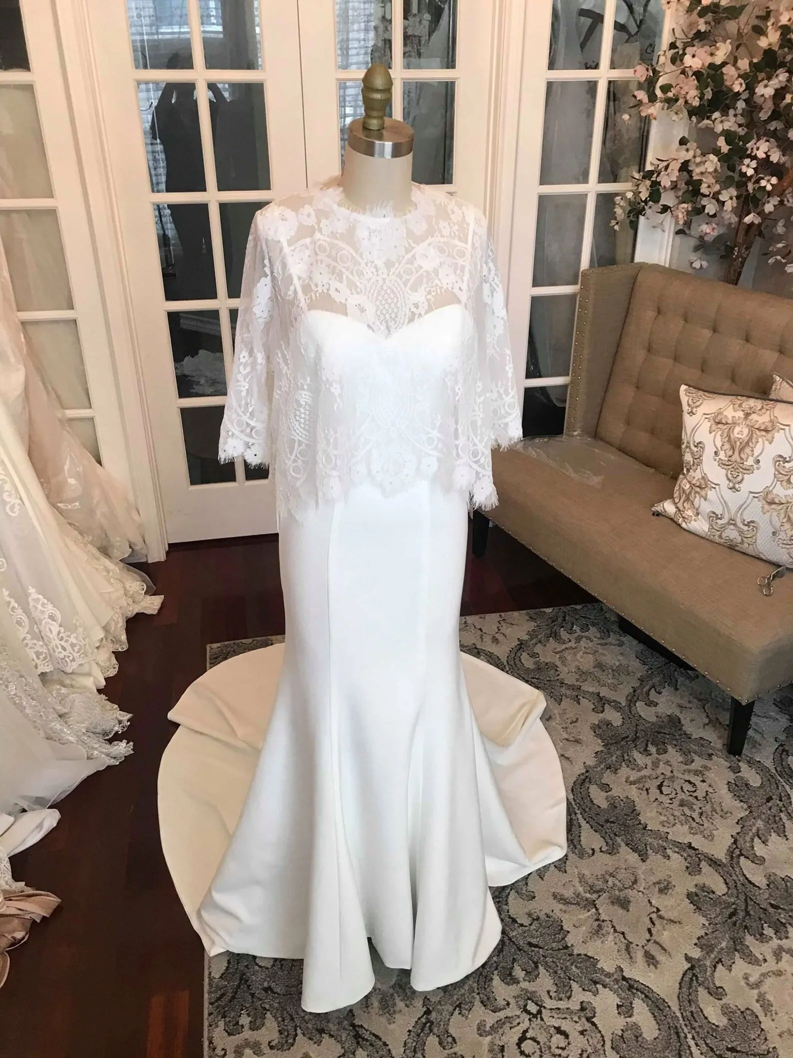 Sleek Crepe Fit & Flare Wedding Dress Andi with Lace Over-shirt