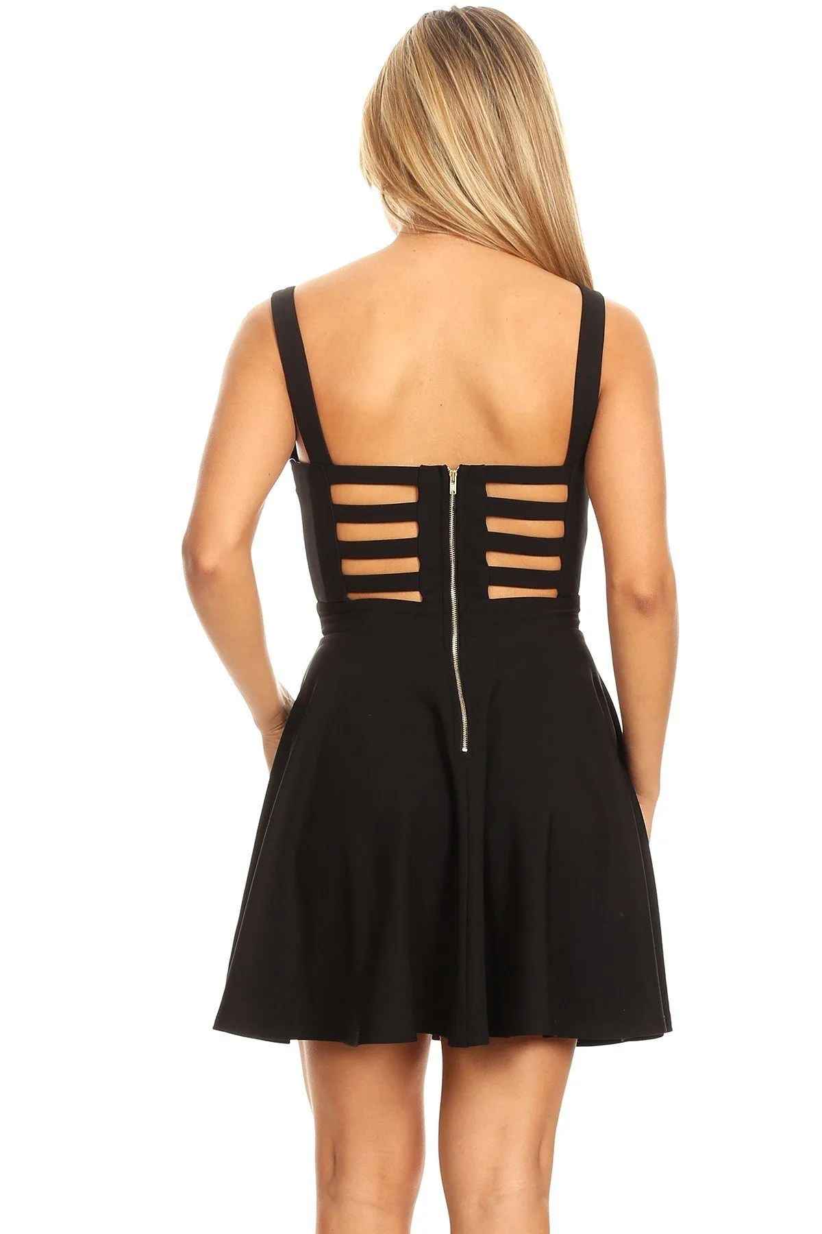 Solid Fit And Flare Dress With Back Zipper Closure, Cutouts, And Spaghetti Straps