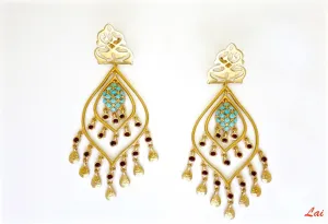 Statement, gold-plated, turquoise and garnet chandelier earrings