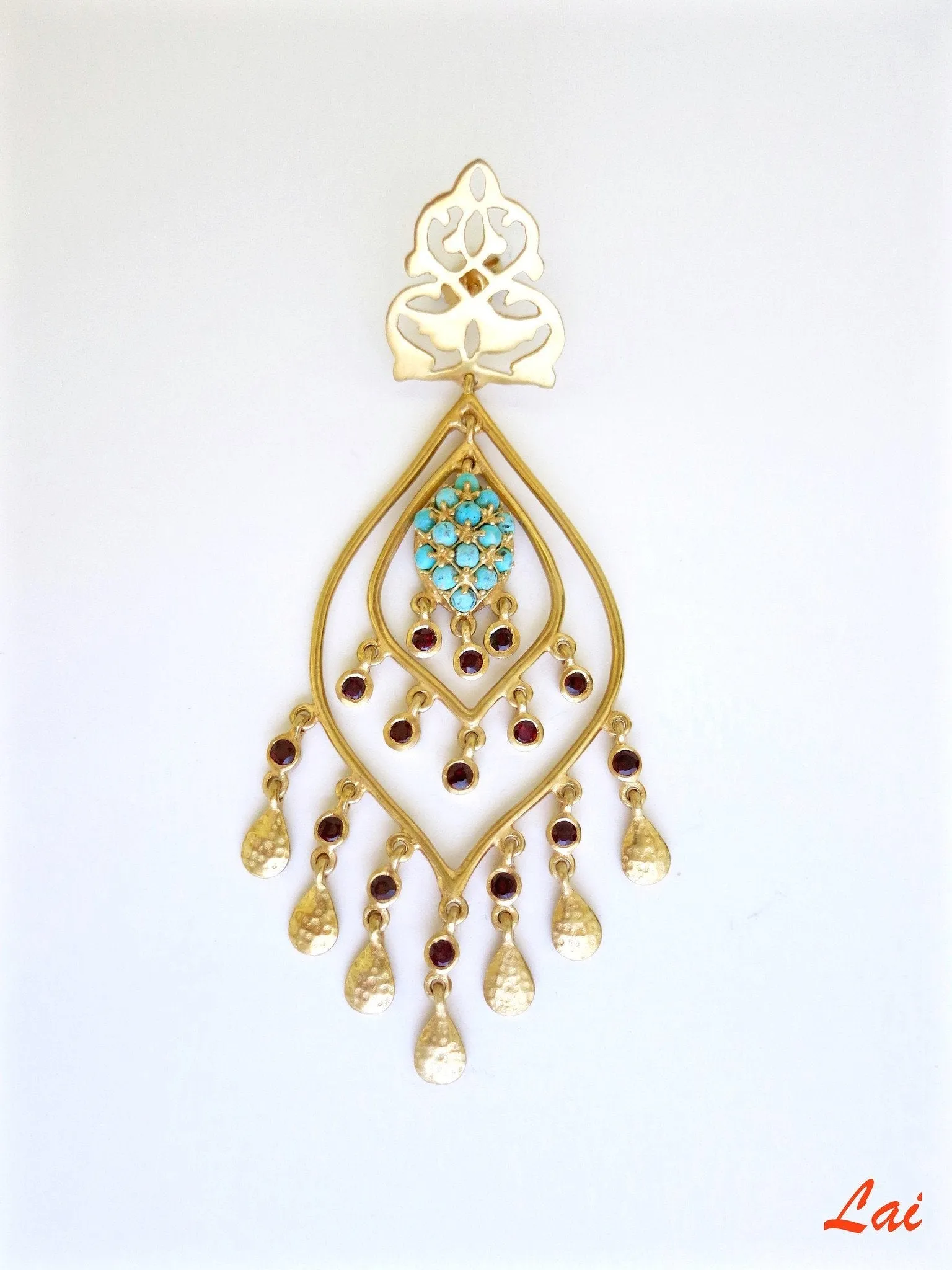 Statement, gold-plated, turquoise and garnet chandelier earrings