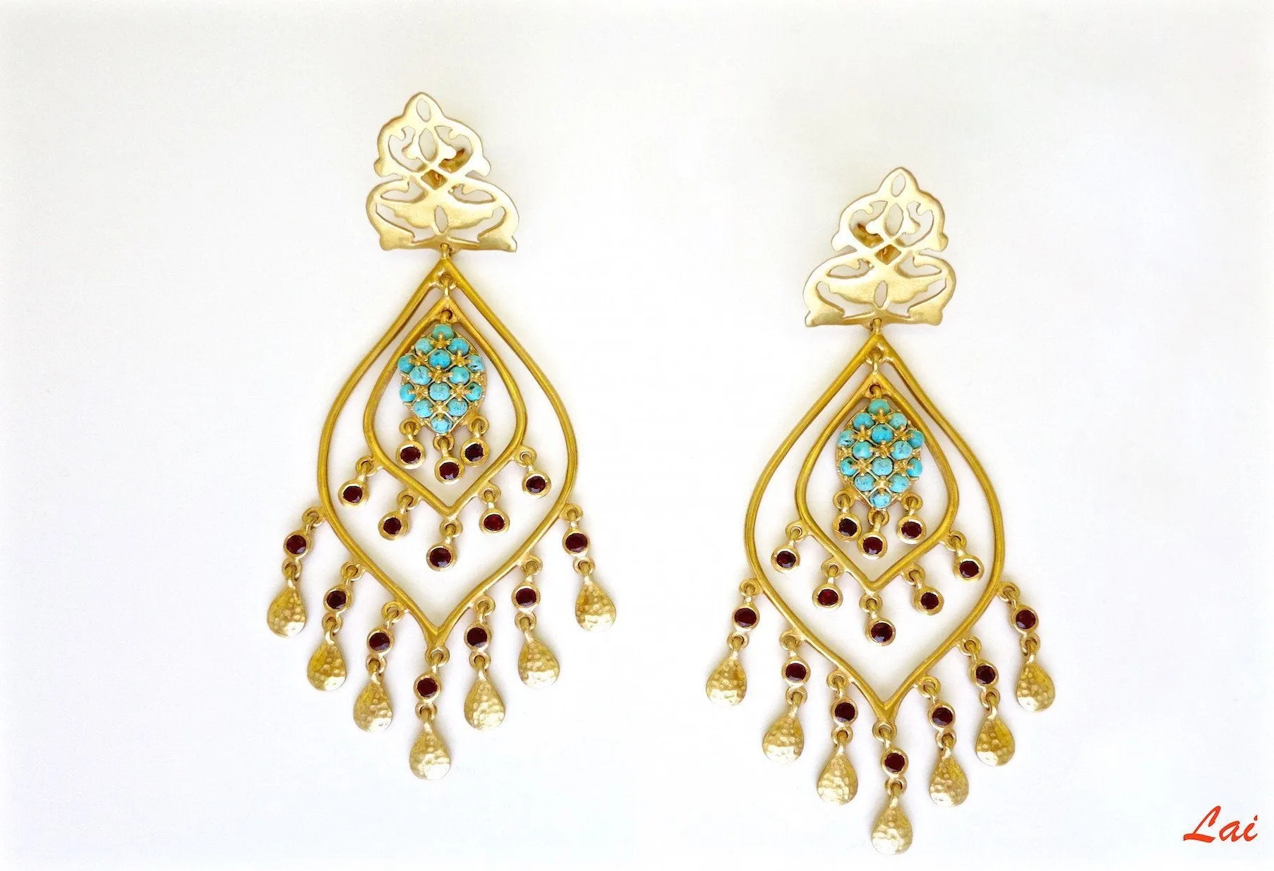 Statement, gold-plated, turquoise and garnet chandelier earrings