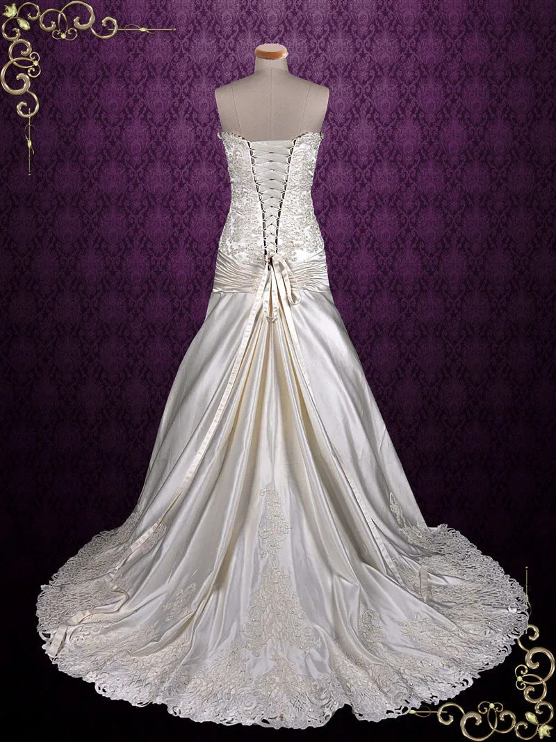 Strapless Satin Lace Wedding Dress with Dropped Waist H2001
