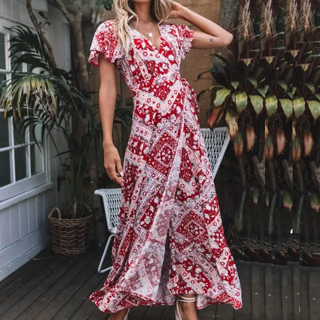 Summer Floral Print Boho Dress, V-neck, Beach Long Dress